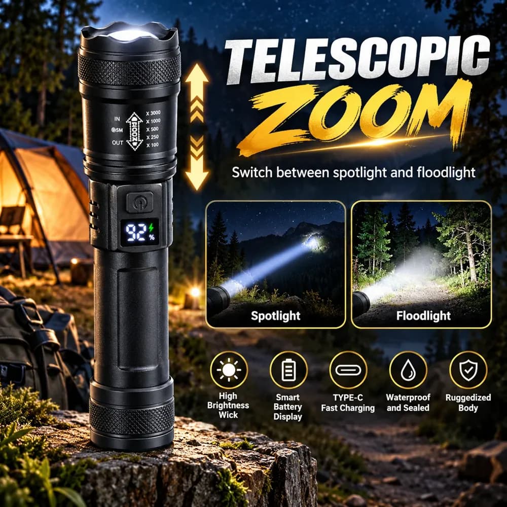 Lanterna tática recarregável com zoom, detalhe 2